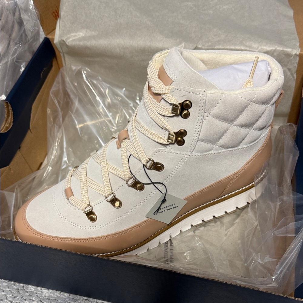 Cole Haan Cream and Tan Quilted Winter Boots